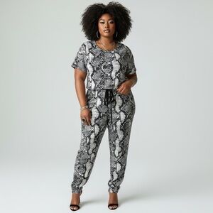 LulaRoe Xoe Snakeprint Stretch Knit Drawstring Waist Harem Romper